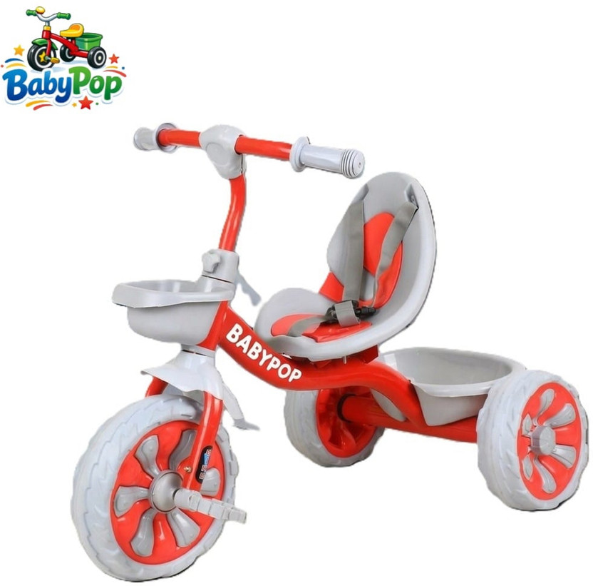 BABYPOP Tricycle with Dual Storage Basket | Chrome wheels and Seatbelt 10 T (inch) Hybrid Cycle/City Bike(Single Speed, Red, Grey, Dual Suspension)