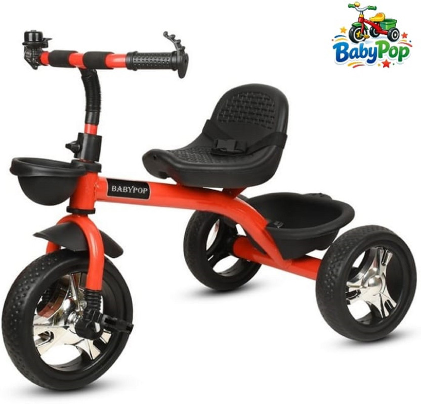 BABYPOP Tricycle with Dual Storage Basket | Chrome wheels and Seatbelt 10 T (inch) Hybrid Cycle/City Bike(Single Speed, Red, Silver, Dual Suspension)