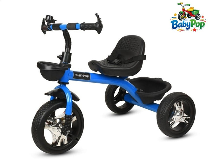 BABYPOP Tricycle with Dual Storage Basket | Chrome wheels and Seatbelt 10 T (inch) Hybrid Cycle/City Bike(Single Speed, Blue, Silver, Dual Suspension)