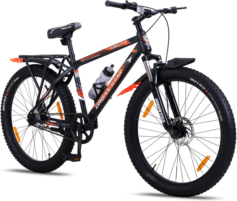 Urban Star 26T Double Disc with Carrier - Fat Tyres 26*300 - Pearl Black 26 T (inch) Fat Tyre Cycle(Single Speed, Black, Only Front Suspension)