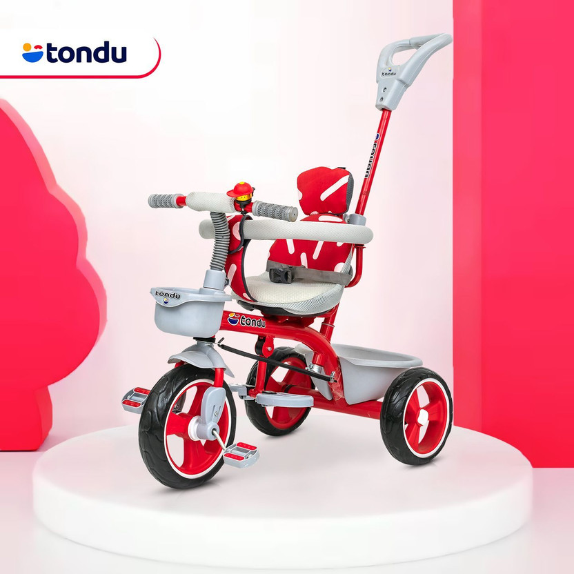 TONDU Plug N Play Kids/Baby Tricycle with Parental Control and Safety Guardrail 12 T (inch) Road Cycle(Single Speed, Red, Rigid)