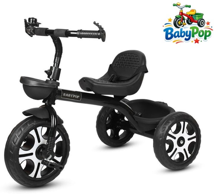 BABYPOP Tricycle with Dual Storage Basket | Chrome wheels and Seatbelt 10 T (inch) Hybrid Cycle/City Bike(Single Speed, Black, Dual Suspension)