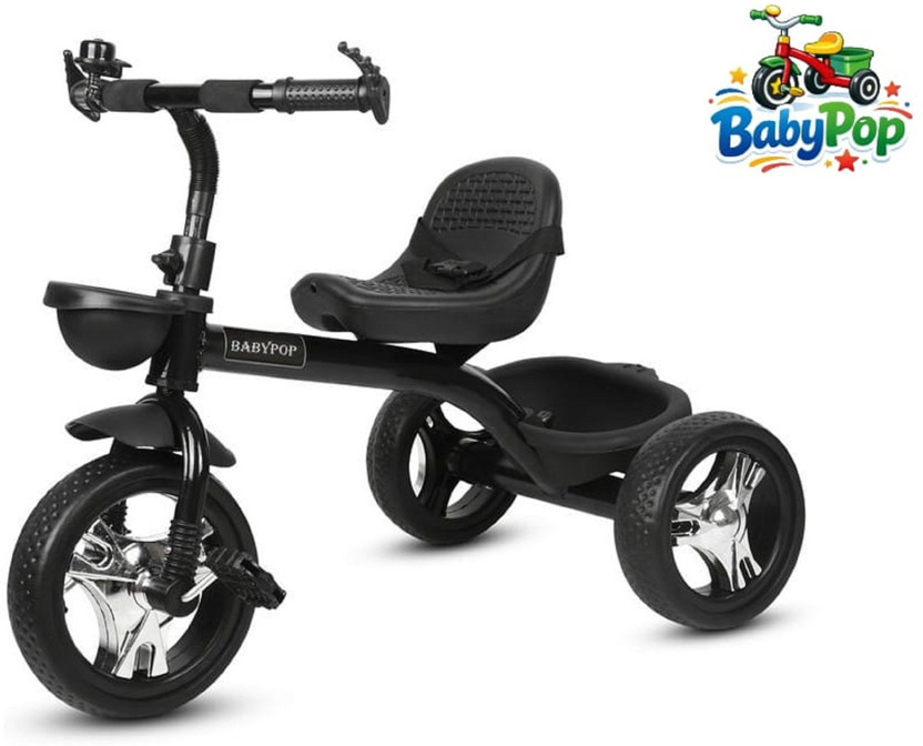 BABYPOP Tricycle with Dual Storage Basket | Chrome wheels and Seatbelt 10 T (inch) Hybrid Cycle/City Bike(Single Speed, Black, Silver, Dual Suspension)