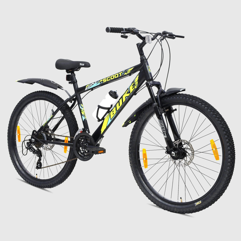 Buke SCOOT 26T Geared Cycle for Men & Boys Dual Disc Brake & StylishDesign 85% Fitted 26 T (inch) Mountain Cycle(7 Gear, Black, Only Front Suspension)