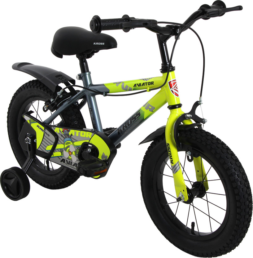 Kross Aviator Kids Bicycle with Training Wheels | Dual Caliper Brakes | Ages 3–5 Years 14 T (inch) Mountain Cycle(Single Speed, Grey, Green, Rigid)