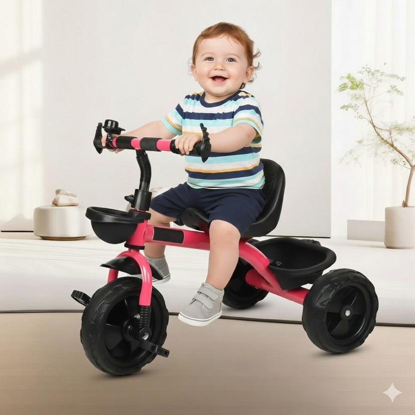 BABYPOP Tricycle with Dual Storage Basket | Chrome wheels and Seatbelt 10 T (inch) Hybrid Cycle/City Bike(Single Speed, Pink, Black, Dual Suspension)
