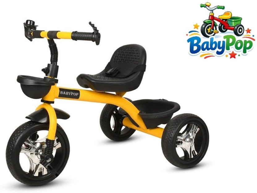 BABYPOP Tricycle with Dual Storage Basket | Chrome wheels and Seatbelt 10 T (inch) Hybrid Cycle/City Bike(Single Speed, Multicolor, Dual Suspension)