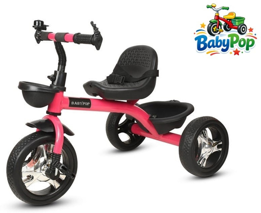 BABYPOP Tricycle with Dual Storage Basket | Chrome wheels and Seatbelt 10 T (inch) Hybrid Cycle/City Bike(Single Speed, Pink, Silver, Dual Suspension)