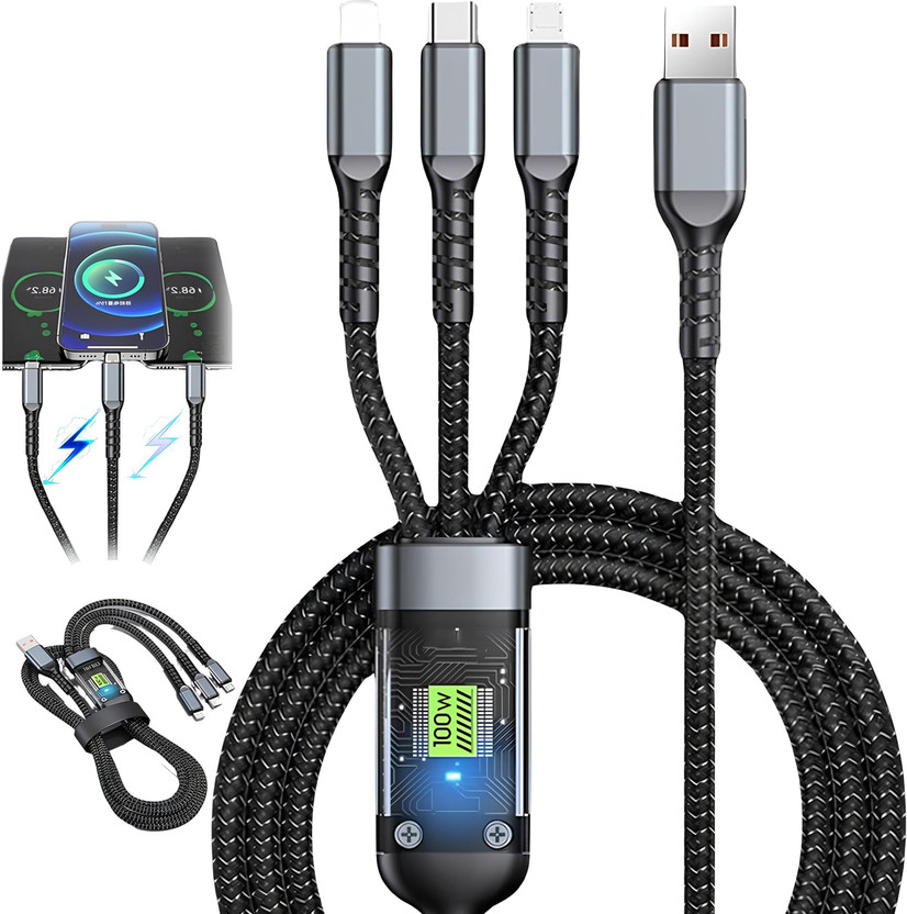RUAAN 3-in-1 Cable 6 A 1 m Copper Braiding Multi Charging Cable 4ft, 3 in 1 Nylon Braided Fast Charging Cable for Android, iOS & Type-C Devices USB Connectors Compatible Smartphones, Tablets & More(Compatible with Samsung, OnePlus, Xiaomi, Redmi, Realme, Vivo, Oppo, iQOO, I Phones, Ipads, Lightning,
