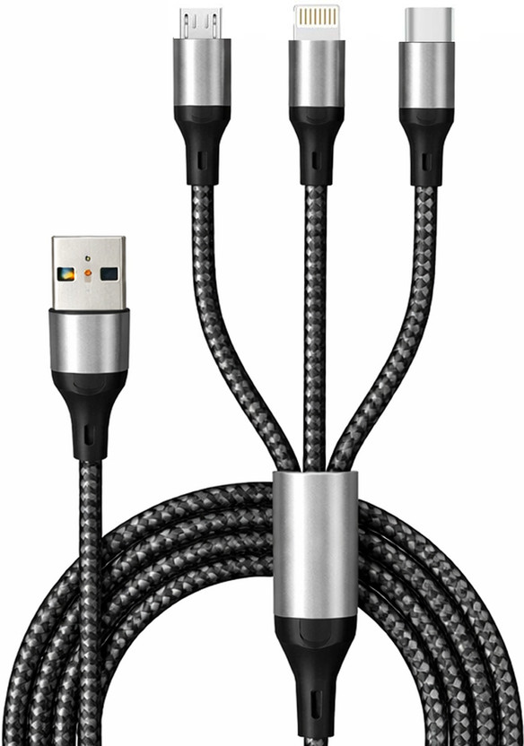 Hespa 3-in-1 Cable 6 A 1.2 m Nylon Braided Multi Fast 65W Charging Nylon Cable Type-C & Micro USB(Compatible with iPhone, iPad, Samsung, OnePlus, Xiaomi, Oppo, Vivo, Android & Car Charging, Black, One Cable, USB Type A To 3-in-1 Cable)