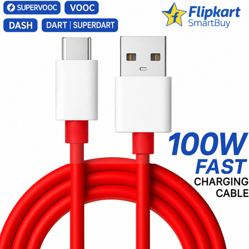 Flipkart SmartBuy USB Type C Cable 10 A 1 m 100W SuperVOOC Cable 80W SuperVOOC Cable(Compatible with oppo,realme,narzo,oneplus,vivo,iqoo,samsung,motorola,mi,redmi,poco, Red, White, One Cable)
