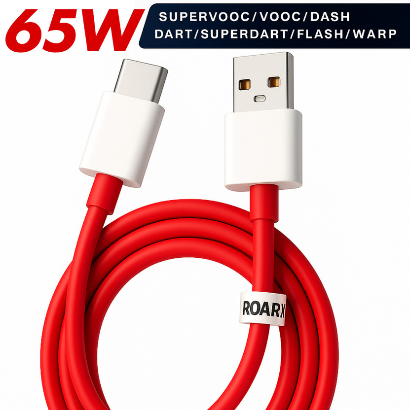RoarX USB Type C Cable 6 A 1 m TPE ONE-PLUS 65W ORIGNAL DATA Cable(Compatible with TYPE C CABLE, Red, One Cable, USB Type A To USB Type C)