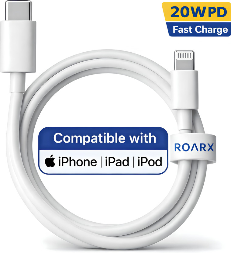 RoarX Lightning Cable 3 A 1 m Original quality 20 W PD Fast Charging USB C(Compatible with iPhone 6/6S/7/7+/8/8+/10/11/12/13 Plus /14 Pro Pro Max, C to Lightning cable, White, One Cable)