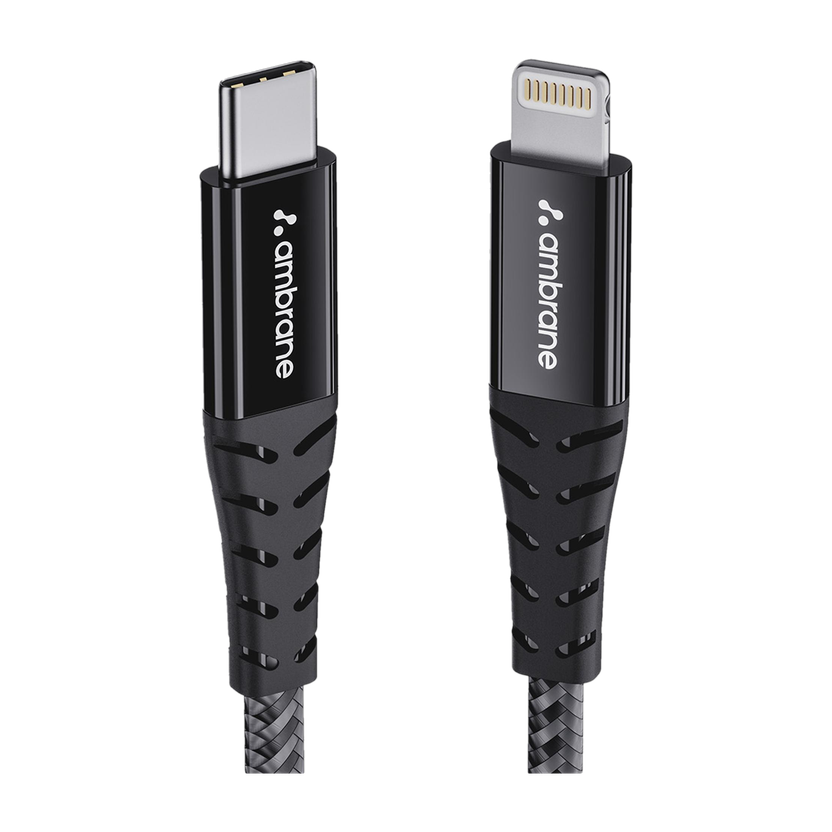Ambrane Lightning Cable 3 A 1.25 m Copper ABTL-125(Compatible with Mobile, Tablet, Wireless Earphones, Black, One Cable, USB Type C To Lightning, 22.5 W)