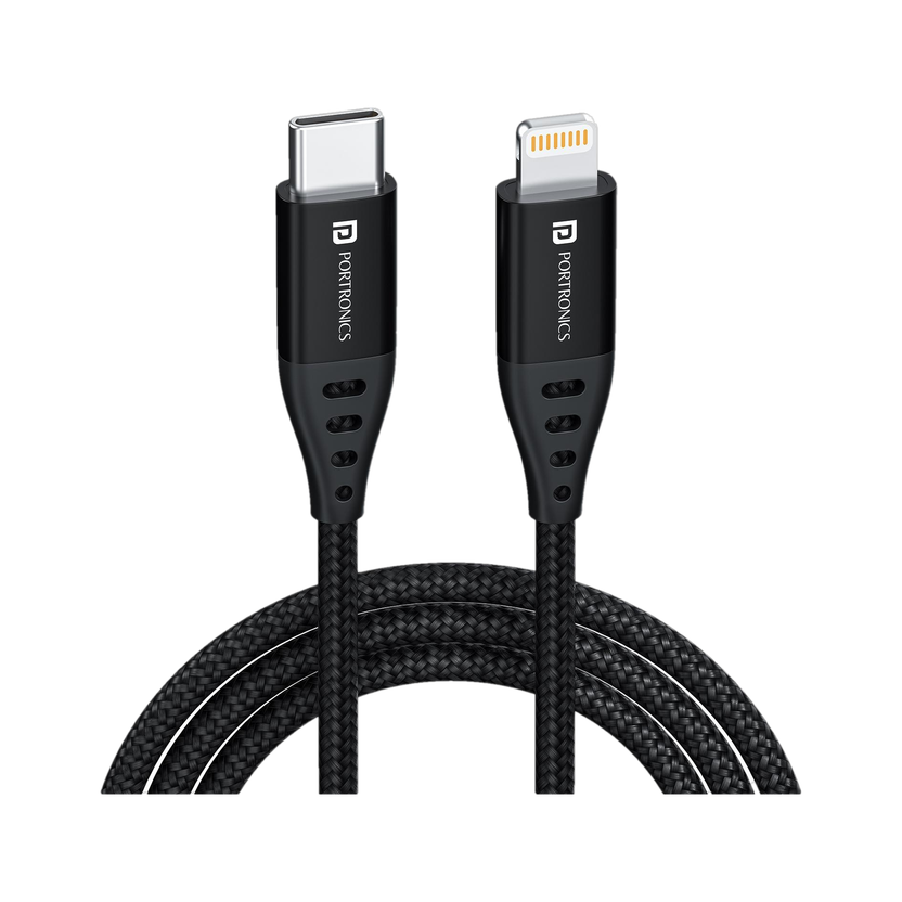 Portronics Lightning Cable 2 A 1 m Konnect L1 20W Type C to 8 Pin(Compatible with Smartphones, Tablets, Black, One Cable, USB Type C To Lightning, 20 W)