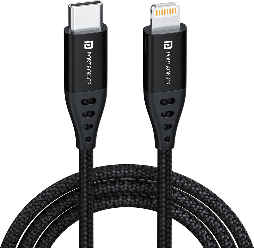 Portronics Lightning Cable 2 A 1 m Konnect L1 20W Type C to 8 Pin(Compatible with Smartphones, Black, One Cable)