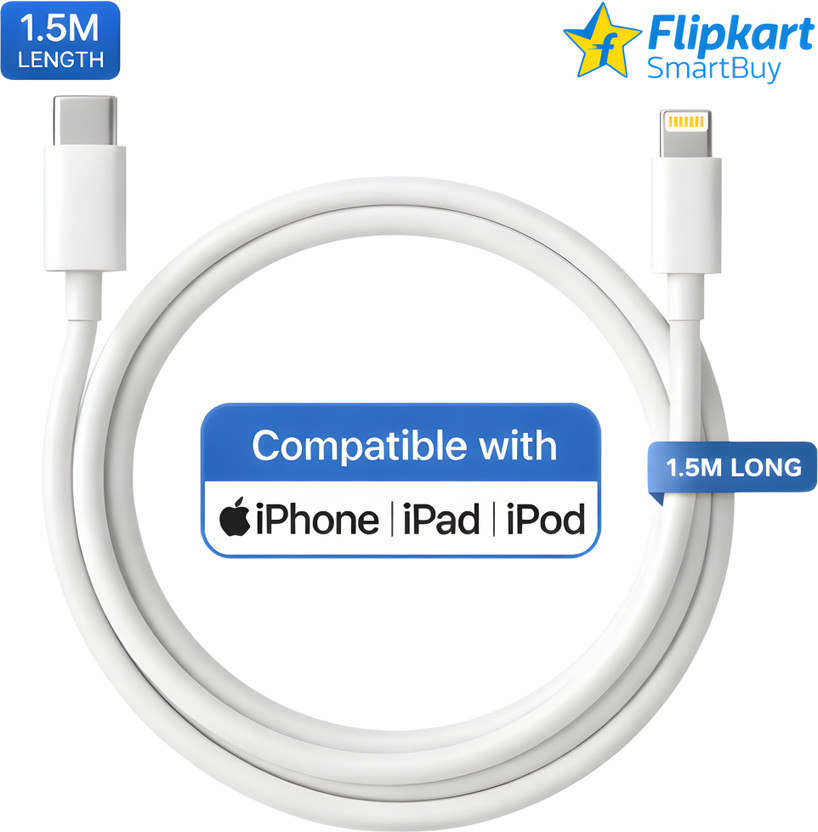 Flipkart SmartBuy Lightning Cable 3 A 1 m Original Quality 20W USB-C Type C to Lightning Fast Charging Data Cable, Replacement for Apple charger cable(Compatible with iPhone 6/7//8/X/XS Max/SE/11/12/13/14 Plus, Pro Max, Type C to Lightning cable, White, One Cable)