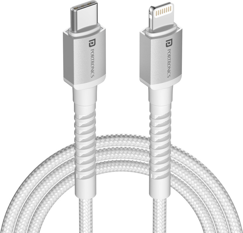 Portronics Lightning Cable 3 A 2 m Konnect X Type C to 8 PIN Cable 27W Fast Charging Cable with Data Transfer(Compatible with Smartphones, White, One Cable)