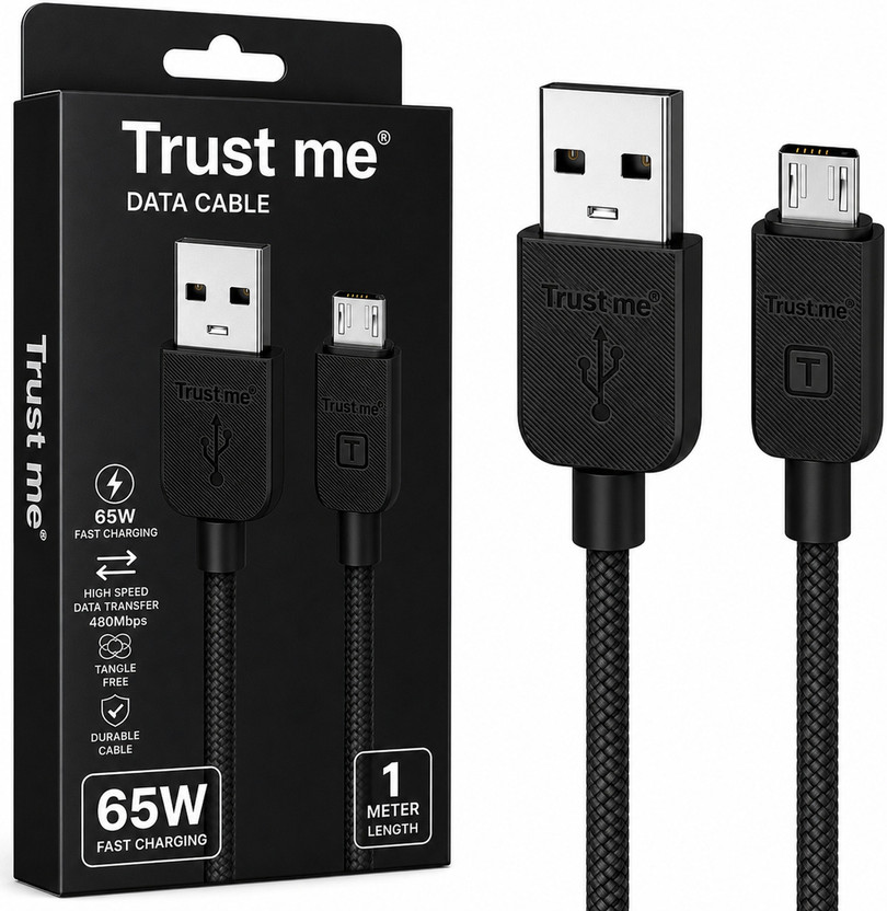 Trust me Micro USB Cable 5 A 1 m Data Cable - 65W fast charging(Compatible with smartphones, Tablets, Speaker, Black, One Cable, USB Type A To Micro USB)