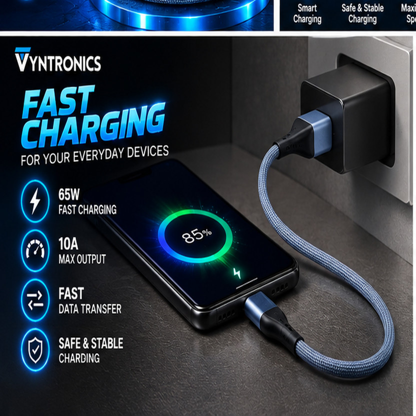 VYNTRONICS Micro USB Cable 3 A 1 m Braided Cable USB A to Micro USB Data Charging Cable 1 Meter, 480 Mbps High Speed Sync Cable(Compatible with Realme, OPPO, Vivo, Nokia, Moto, POCO, Grey, One Cable, USB Type A To Micro USB, 65 W)