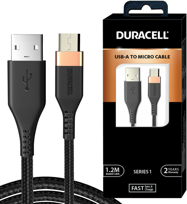 DURACELL Micro USB Cable 1.2 m USB A to Micro Cables, 2A Braided Sync & Quick Charging Cable, 3.9 Feet (1.2M)(Compatible with Mobile, Tablet, Powerbank, Laptop, Compatibile all Micro USB devices, Black)