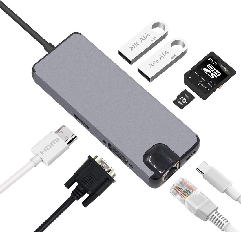 RuhZa Type C 2 A 0.3 m NA Type C USB C to HDMI VGA Type C 8 in 1 hub(Compatible with resolution video at 30Hz and 1920x1080 (1080p) at 60Hz, Grey, One Cable)