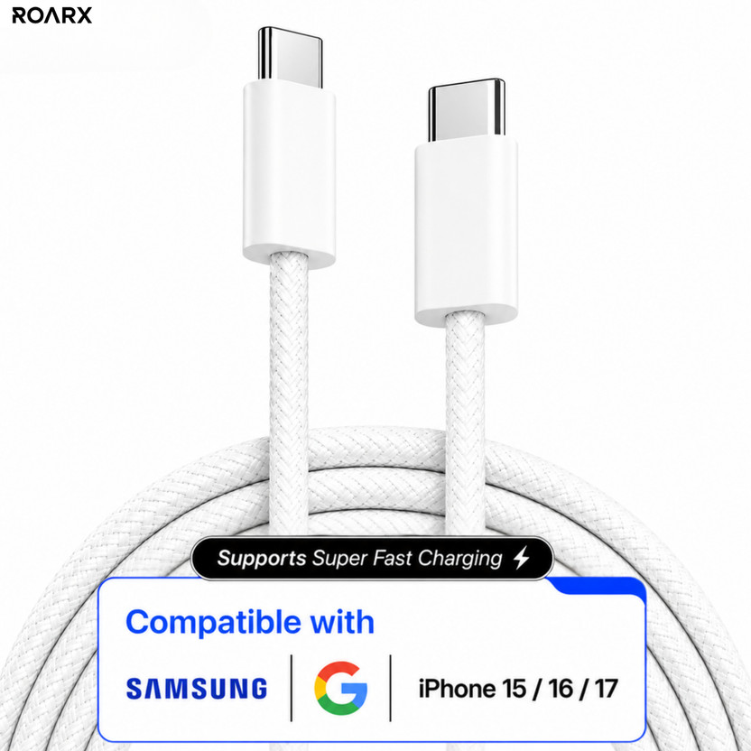 RoarX Type C 3 A 1 m TPE 60W Fast Charging Type C to Type C Data Cable Compatible with iPhone 15/iPhone 16, Compatible with Samsung Type C Phones & Type C Devices | Type C Cable | C to C Cable(Compatible with iPhone 15/16 Series, Samsung Galaxy A/S/F/M/Z Series, Macbook & other devices, White, USB T