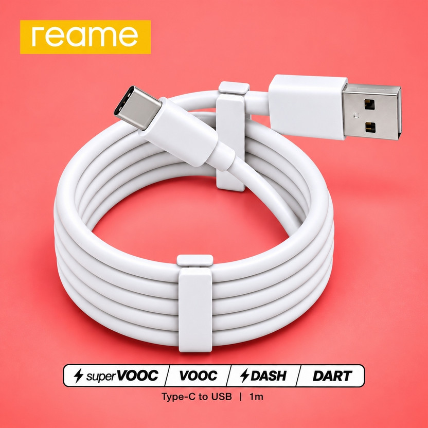 Reame Type C 8 A 1 m 8A-13(Compatible with Realme /OPPO / Oneplus Support Original data cable SUPERVOOC, DASH, VOOC , DART, White, One Cable, USB Type A To USB Type C, 120 W)