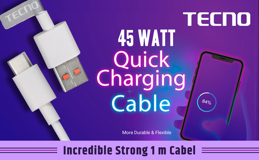 Tecno Type C 1 m 45 Watt Cable Model no. C050-A(Compatible with Infinix ,Tecno & Other C type Mobile, White, One Cable, NA)