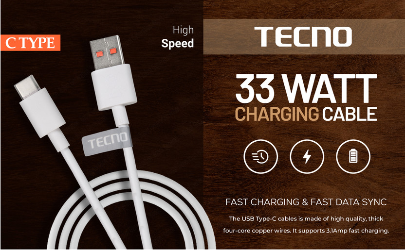 Tecno Type C 1 m 33 Watt Cable Model no. C033-C(Compatible with Tecno mobile C type, White, One Cable)