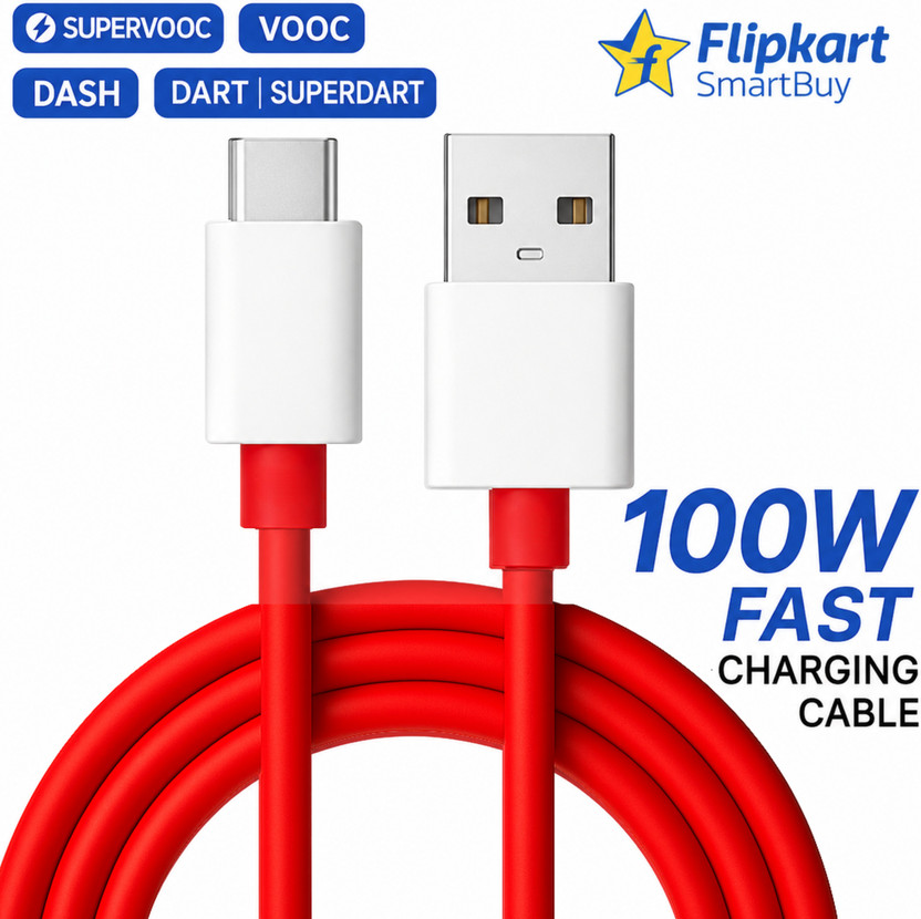 Flipkart SmartBuy USB Type C Cable 1 m PVC 100W OnePlus Data Cable 100W Type C Fast Charging Cable(Compatible with OnePlus, Realme, Oppo, 100W Fast Charging Data CABLE, OnePlus Fast Charging Cable, Red5, One Cable, USB Type A To USB Type C, 100 W)