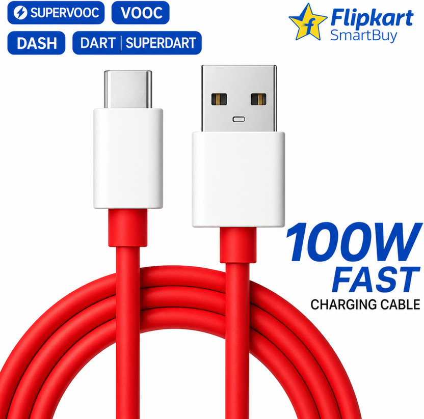 Flipkart SmartBuy USB Type C Cable 10 A 1 m PVC 80W Charger data cable 100W Type C data Cable | USB Type A to Type C | Data Cable C & Fast Charging Cable for OnePlus, Realme, OPPO | 100 Watt data cable, 65W SuperVooc charging data cable | OnePlus charging cable | 45W/33W SuperVooc Data Cable(Compati