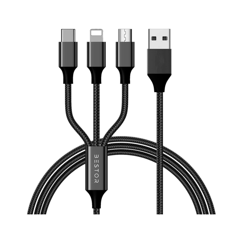 Bestor 3-in-1 Cable 2 A 1.2 m Multi Charging Cable 4ft 3 in 1 Nylon Braided Multiple USB Fast Charging Cable for Android, iOS and Type C Devices USB Port Connectors Compatible Smart Phones & Tablets And More (Black)(Compatible with Mobiles, Tablets, Smart Phones, iOS Devices, Android Devices, Black,