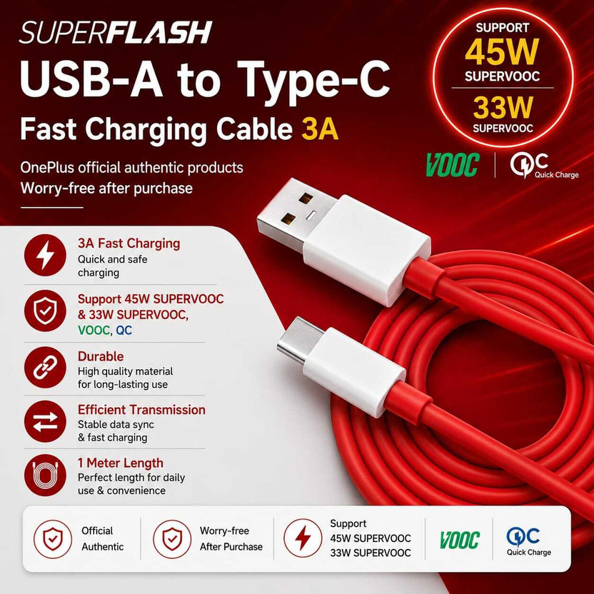 SUPERFLASH USB Type C Cable 4.5 A 1 m Oneplus Original SUPERVOOC,VOOC,QC(Compatible with Support Up to 45W,44W,33W,30W,22.5W,20W,18W,15W Power Adapter, Red, One Cable, USB Type A To USB Type C, 33 W)