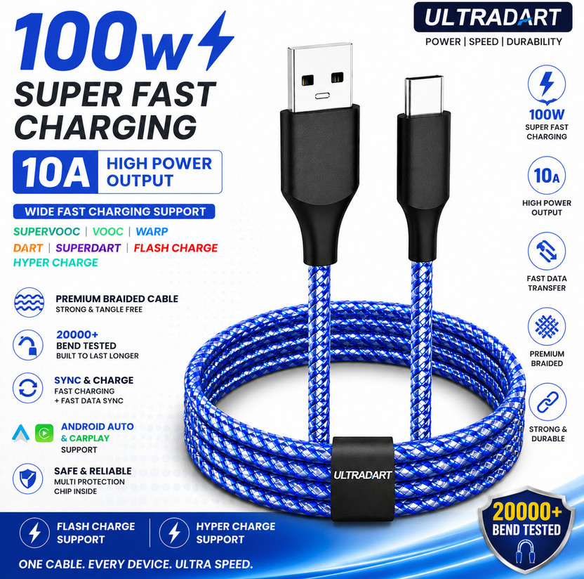 ULTRADART USB Type C Cable 1 m OEM USB to Type C 100W Fast Charging Cable 10A Braided SuperVOOC Warp Dash Dart VOOC Flash Charge Support(Compatible with oppo,realme,narzo,oneplus,vivo,iqoo,samsung,motorola,mi,redmi,poco, 100W,80W,65W, Blue, One Cable, USB Type A To USB Type C)