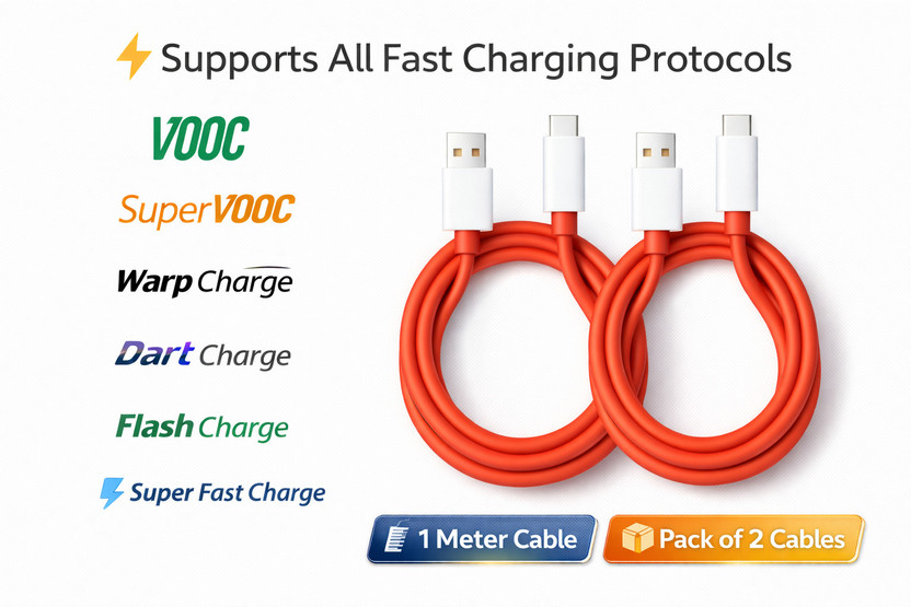 Tarendra USB Type C Cable 10 A 1 m TPE 120W 10A Fast Charging Cable USB Type-C | Pack of 2 | 1 Meter Each | VOOC SuperVOOC Warp Dart Flash Super Fast Charge Support | USB A to Type C Cable | 6 Month Warranty(Compatible with Oppo vivo Realme one plus samsung lava motorola iQoo Redmi pocco, Red, Pack 