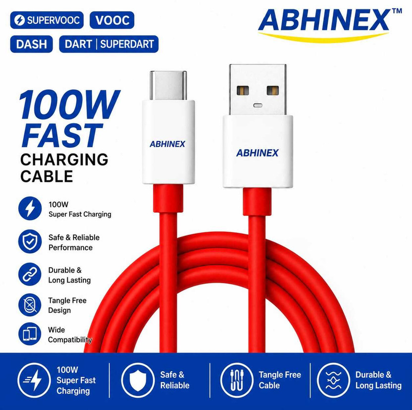 Abhinex USB Type C Cable 10 A 1 m 100W Type-C to USB-A Cable | Dual IC Chip | SuperVOOC Super Fast Charging | Fast Charging & Data Sync Cable(Compatible with Mobile Phone Tablet Laptop Power Bank Other USB-C Devices, Red, One Cable, USB Type A To USB Type C)