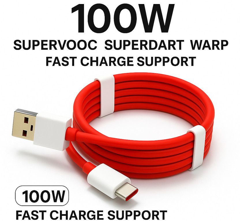 jkg USB Type C Cable 8 A 1 m original 65W/30W/6.5A Warp,Dash,Supervooc Charger Cable(Compatible with 100W,80W,65W,50W,Mobile Phone and Type C charging devices, Red&White, One Cable)