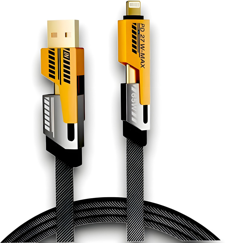 ULTRADART USB Type C Cable 6.5 A 1 m lightning cable 4 in 1 65W Fast Charging Cable Compatible for-iPhone & Android with MFI Certified (1 Meter)(Compatible with iphone,oppo,realme,narzo,oneplus,vivo,iqoo,samsung,motorola,mi,redmi,poco, Apple, Yellow & Black, One Cable)