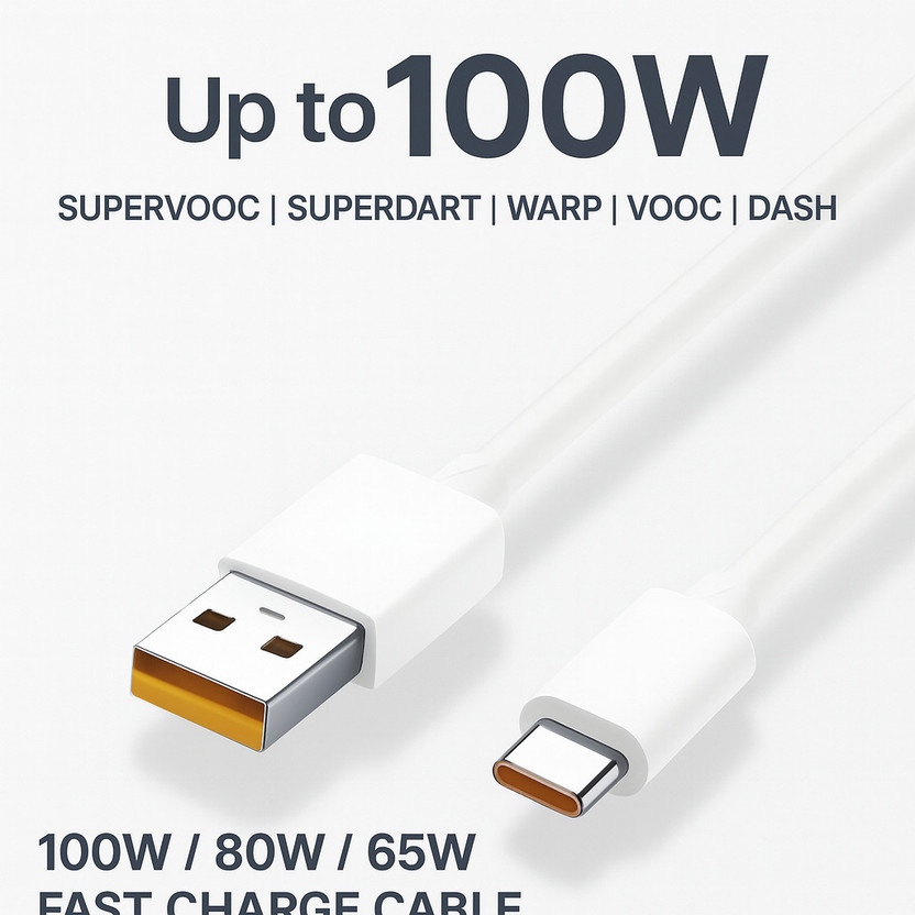 ULTRADART USB Type C Cable 6.5 A 1 m original 65W/10V-6.5A DART/VOOC/SUPERDART/SUPERVOOC SUPER FAST CHARGING CABLE(Compatible with oneplus,oppo,realme,narzo,vivo,iqoo,samsung,motorola,mi,redmi,poco, White, One Cable)