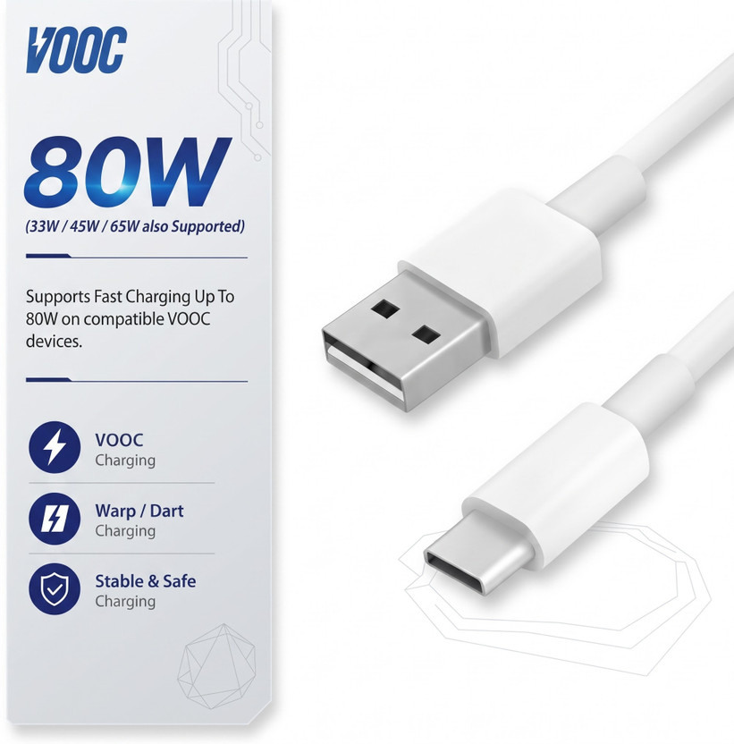Samsung XORTIC USB Type C Cable 6.5 A 1 m OEM 65W/80W WARP/SUPERVOOC/DASH/DART/VOOC ULTRA FAST CHARGER(Compatible with ONEPLUS/REALME/OPPO/VIVO/MI/SAMSUNG/REALME, VOOC/DASH/WARP/DART/SUPERVOOC, White & Green, One Cable, USB Type A To USB Type C, 80 W) - Flipkart Deal