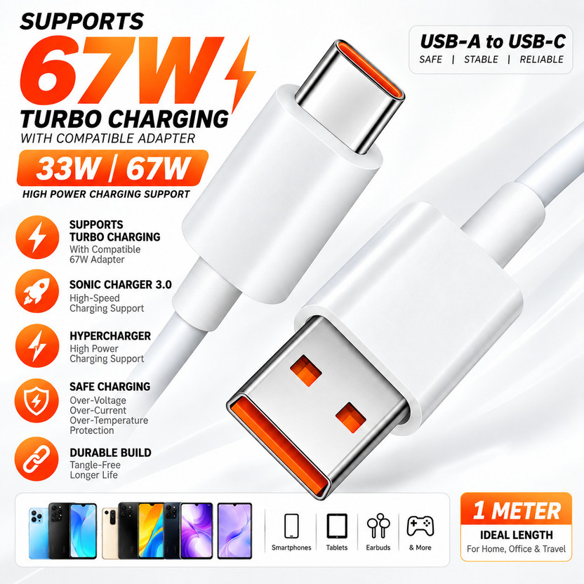 VOOCfiT USB Type C Cable 6 A 1.01 m Metal Braided ALL MODEL WORKING 100% ORIGINAL Turbo charger SUPPORT(Compatible with xiaomi, REDMI 10/10PRO/10PRO MAX/ POCO M2 PRO, tecno, 67W - 33W, Turbo / hyper Charging, White, One Cable, USB Type A To USB Type C, 120 W)