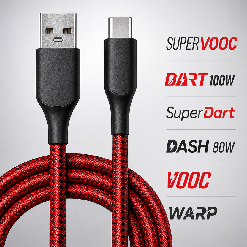 ULTRADART USB Type C Cable 1 m 100W SuperVOOC Fast Charging USB Type C Cable 10A Braided Warp Dash Dart Flash Charge Data Sync Cable for Android Mobile Phones(Compatible with oppo,realme,narzo,oneplus,vivo,iqoo,samsung,motorola,mi,redmi,poco, 100W,80W,65W, Black & Red, One Cable, USB Type A To USB T