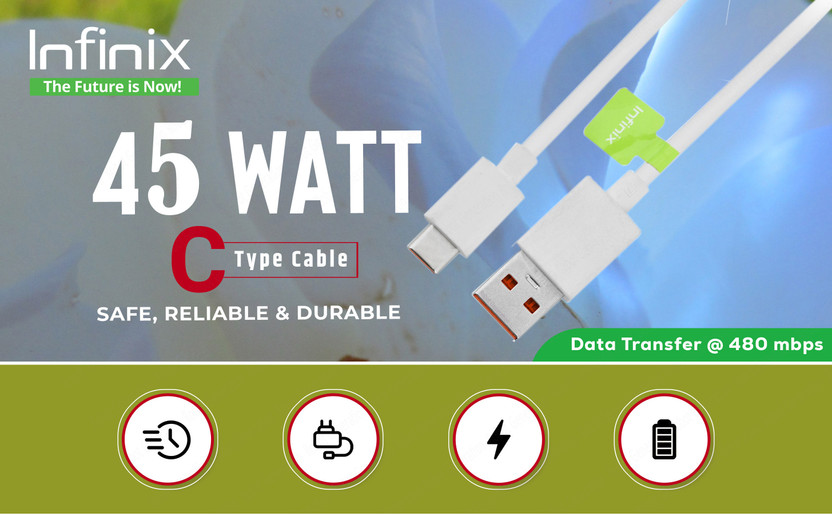 Infinix USB Type C Cable 1 m 45 Watt Model No.C050-C(Compatible with All Infinix C type Phone &, GT 10 Pro ( X6739 ), Note 30 ( X6711 ), Zero 20 ( X6821 ), White, One Cable)