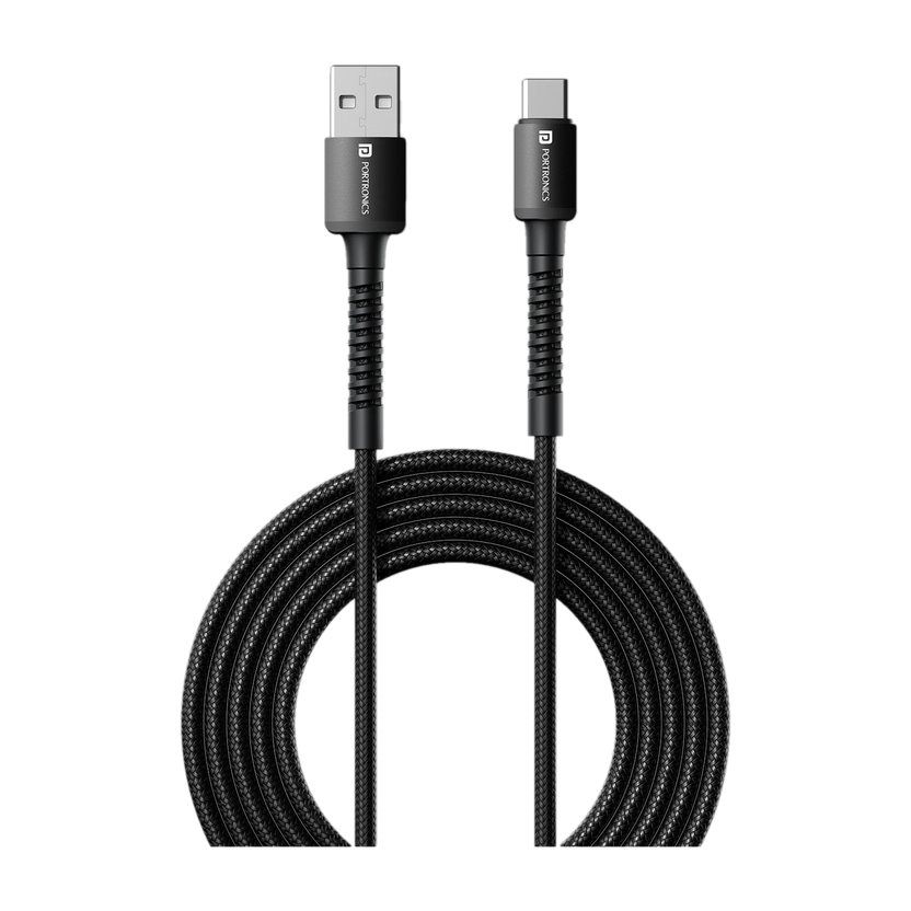 Portronics USB Type C Cable 3 A 2 m Konnect X Nylon Braided Fast Charging and Data Sync(Compatible with Smartphones, Tablets, Powerbanks, Earbuds, Speakers, Black, One Cable, USB Type A To USB Type C)