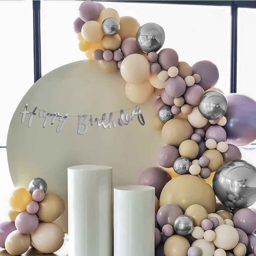 specialyou.in Purple, White, Peach, Silver Purple, peach, white & silver chrome balloons for Happy birthday kit -57 pcs