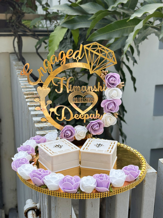 Creative Horizon Artificial Flower Design Engagement Ring Tray Platter, Name Plate with Date Wood, Plastic Decorative Platter(Multicolor)