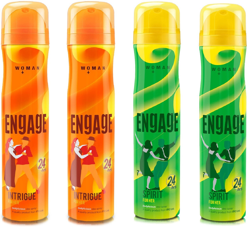 Engage Deo Combo, 2 Intrigue for Her (150ml) & 2 Spirit for Her (150ml), (Pack of 4) Deodorant Spray  -  For Women(600 ml, Pack of 4)