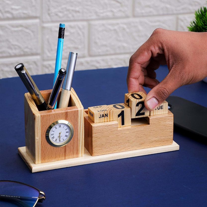 OCHHAV 2 Compartments Wood Desk Organizer Pen & Pencil Organizer for Office Supplies & Accessories. Perfect Office Decor combo for Desk Organization, Office Desks, Home Office(Beige)