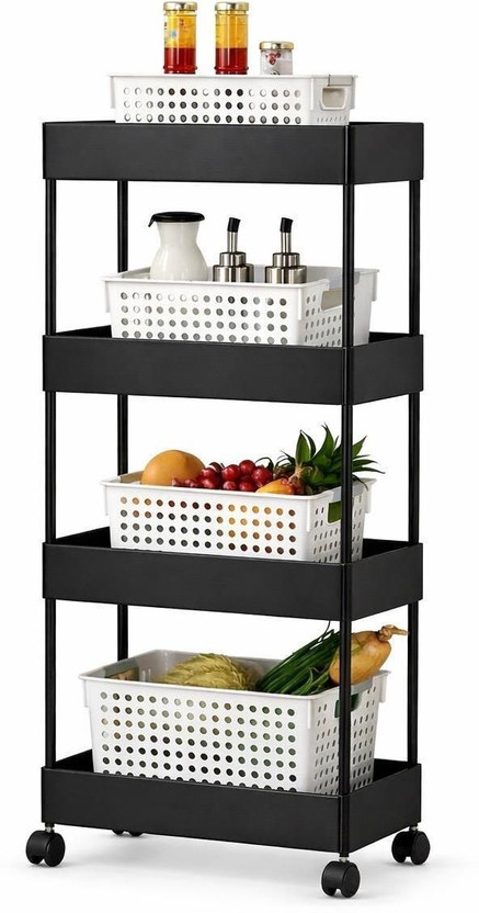 Cantus 4 Compartments High Quality Plastic Portable Storage Trolly(Black)